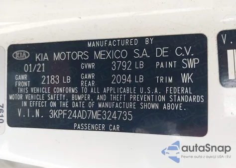 2021 Kia Forte Lxs z USA, uszkodzony, nr VIN 3KPF24AD7ME324735